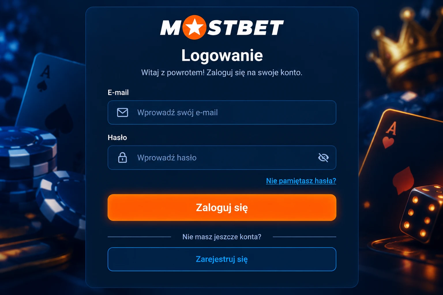 Ekran logowania Mostbet Casino