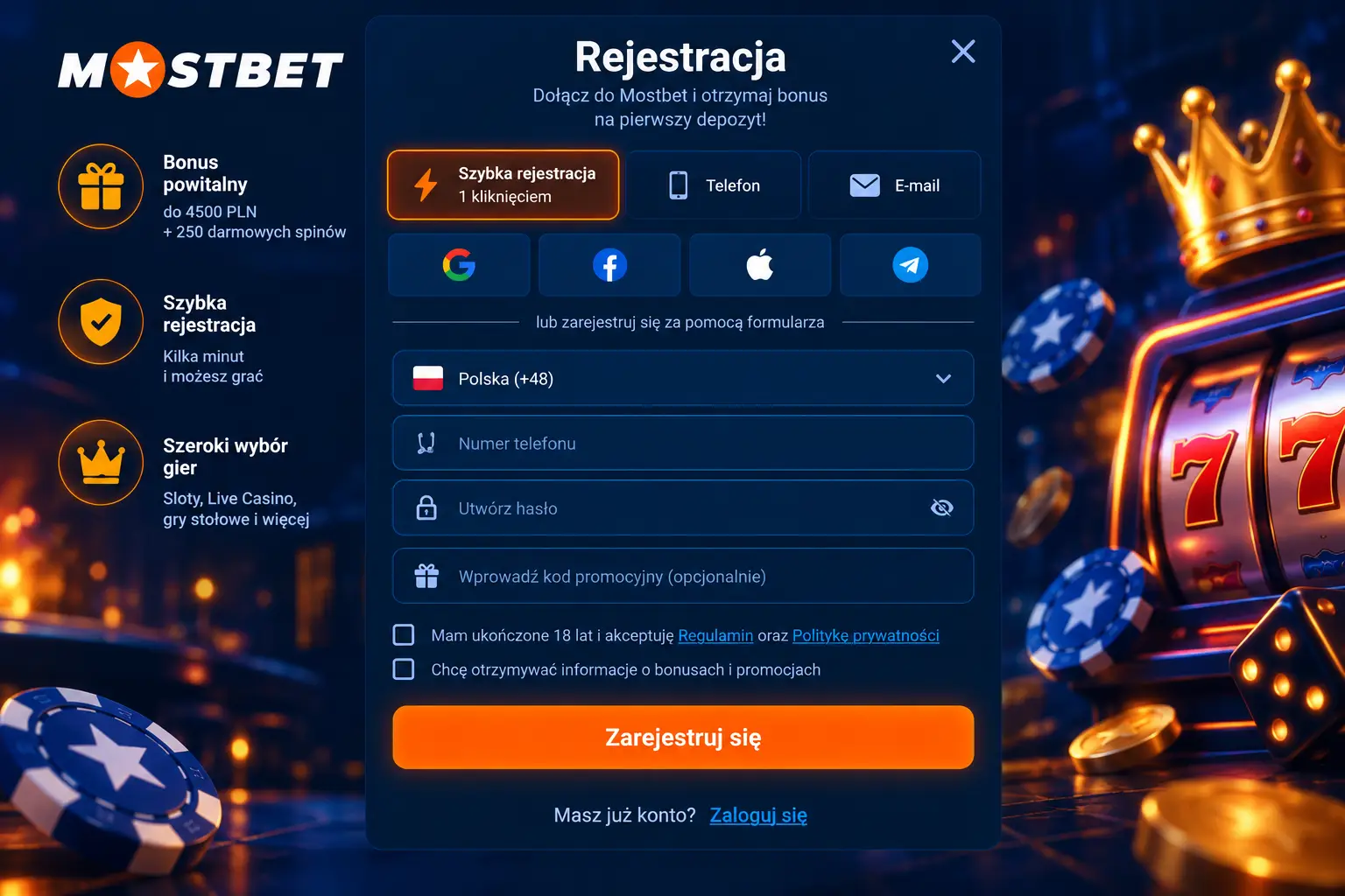 Formularz rejestracji Mostbet Casino